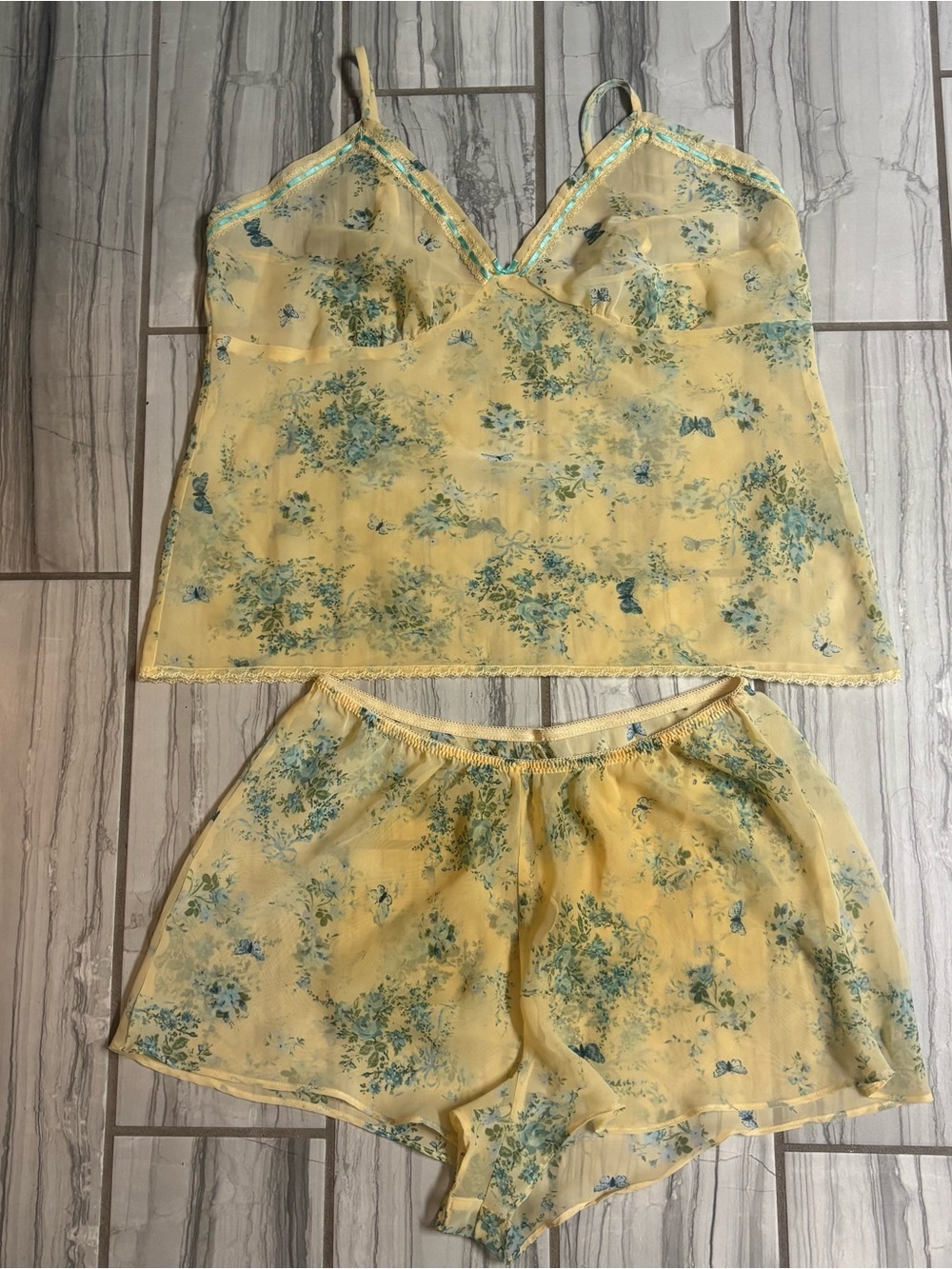 Sheer Floral Satin-Trim Cami & Short Sleep Set - Yellow